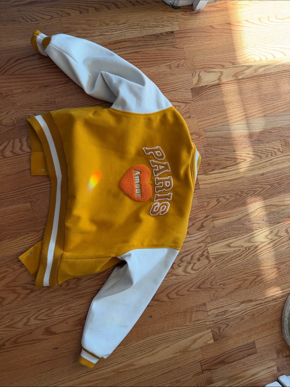 Forever 21 Paris Embroidered Heart college Varsity Jacket - Mustard & White L